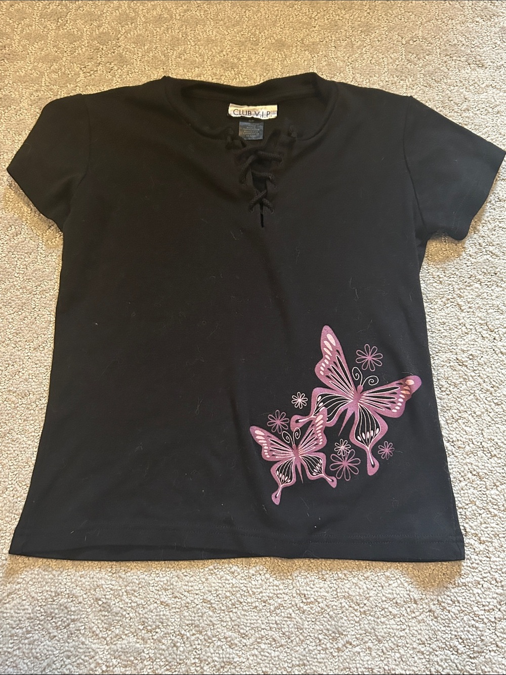 Black Tee with Pink Butterfly Print